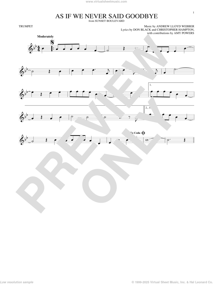 As If We Never Said Goodbye (from Sunset Boulevard) sheet music for trumpet solo by Andrew Lloyd Webber, Christopher Hampton and Don Black, intermediate skill level