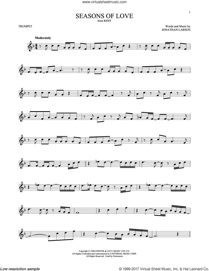 Seasons Of Love (from Rent) sheet music for trumpet solo by Jonathan Larson, intermediate skill level