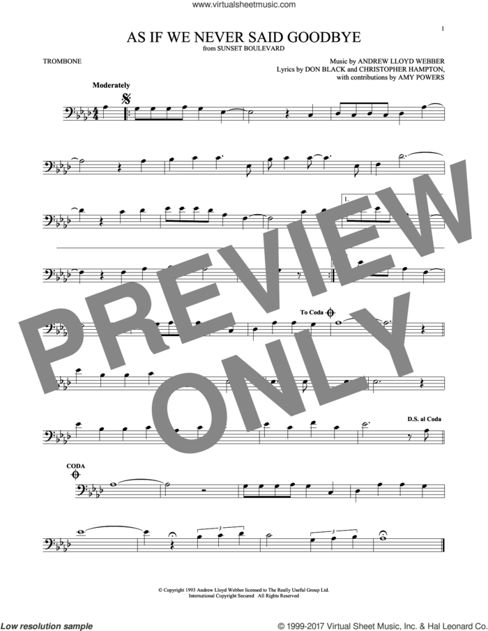 As If We Never Said Goodbye (from Sunset Boulevard) sheet music for trombone solo by Andrew Lloyd Webber, Christopher Hampton and Don Black, intermediate skill level