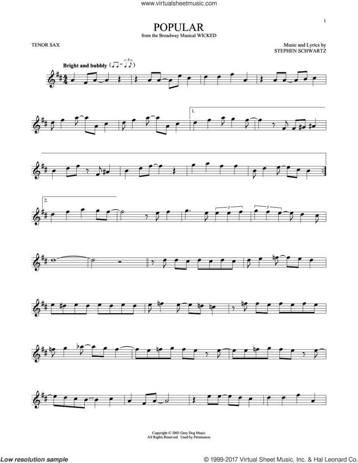 Popular (from Wicked) sheet music for tenor saxophone solo by Stephen Schwartz, intermediate skill level