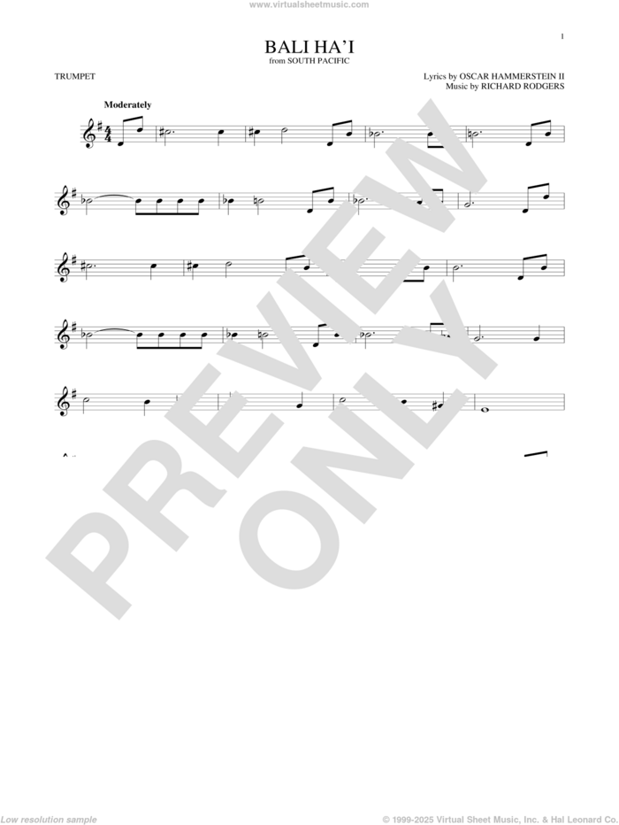 Bali Ha'i sheet music for trumpet solo by Rodgers & Hammerstein, Oscar II Hammerstein and Richard Rodgers, intermediate skill level