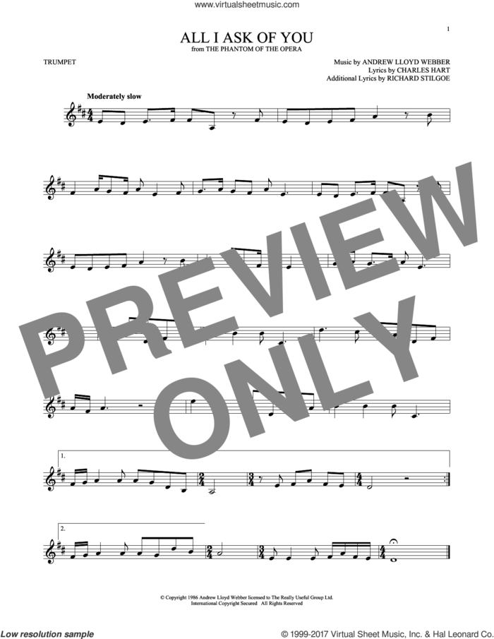 All I Ask Of You (from The Phantom Of The Opera) sheet music for trumpet solo by Andrew Lloyd Webber, Barbra Streisand, Charles Hart and Richard Stilgoe, wedding score, intermediate skill level