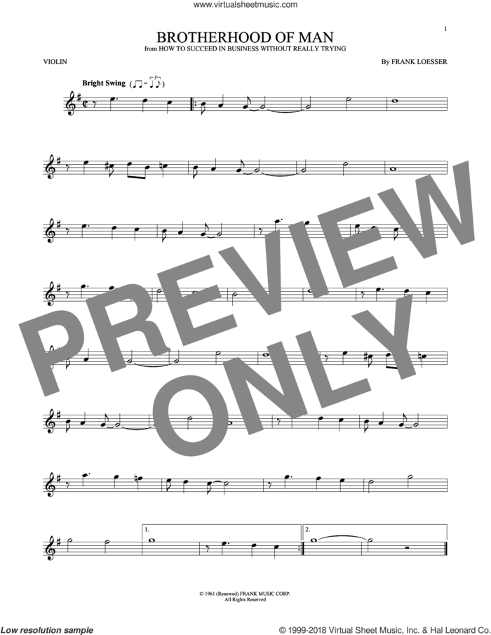 Brotherhood Of Man sheet music for violin solo by Frank Loesser, intermediate skill level