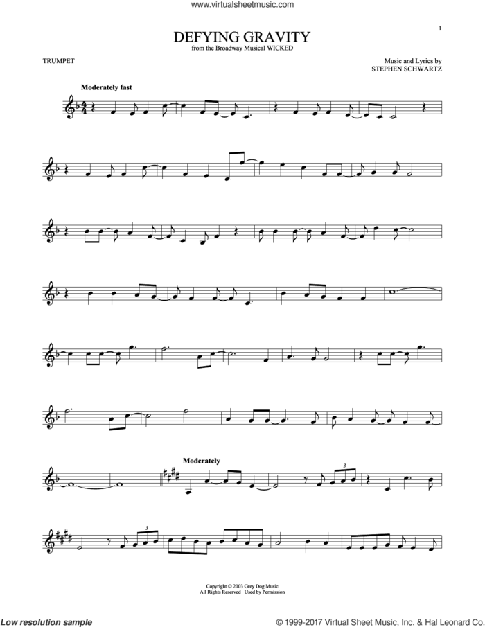 Defying Gravity (from Wicked) sheet music for trumpet solo by Stephen Schwartz, intermediate skill level