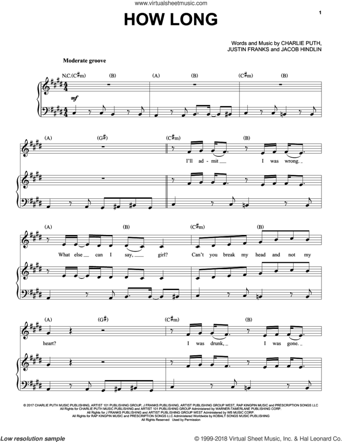 How Long sheet music for voice, piano or guitar by Charlie Puth, Jacob Hindlin and Justin Franks, intermediate skill level