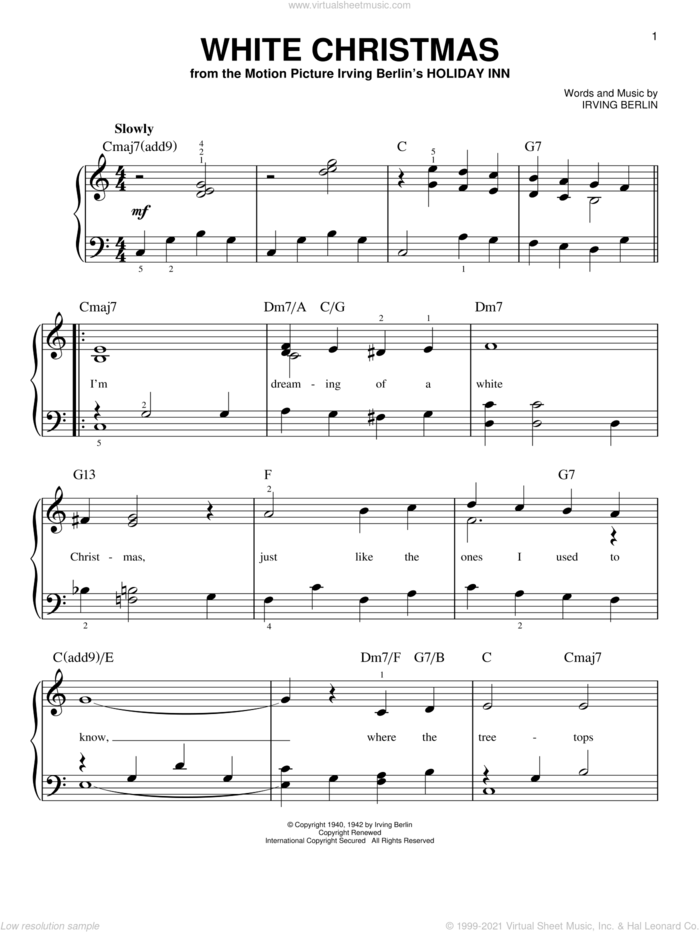 White Christmas sheet music for piano solo by Irving Berlin and Michael Buble, easy skill level