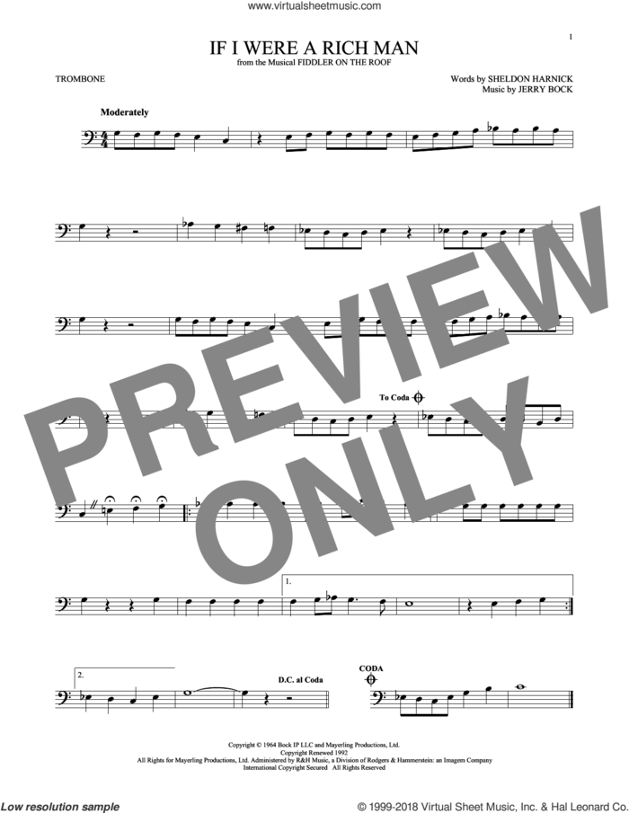 If I Were A Rich Man (from Fiddler On The Roof) sheet music for trombone solo by Bock & Harnick, Jerry Bock and Sheldon Harnick, intermediate skill level