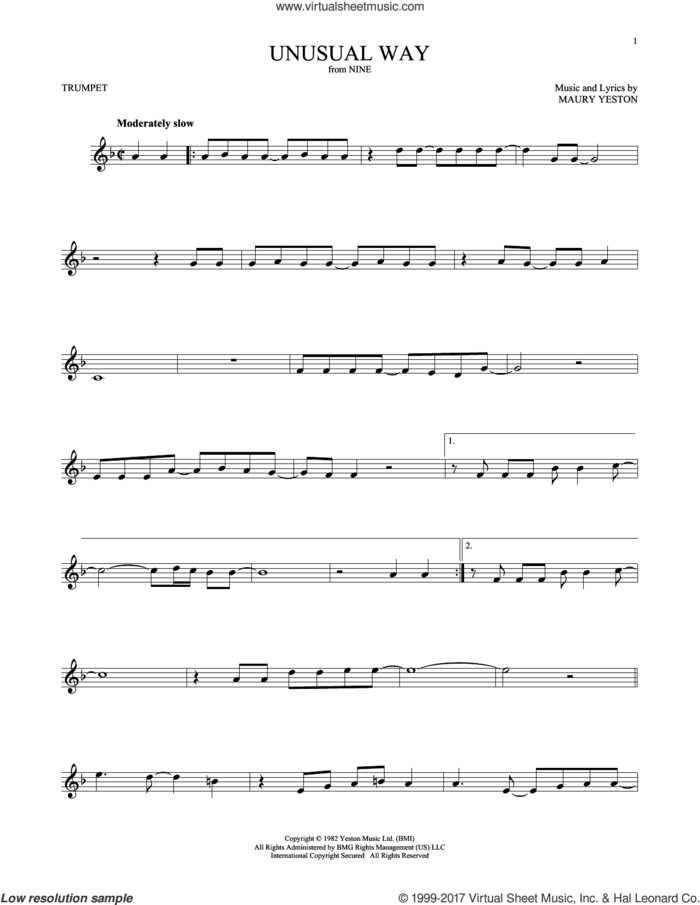 Unusual Way sheet music for trumpet solo by Maury Yeston and Linda Eder, intermediate skill level
