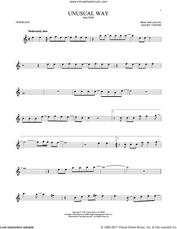 Unusual Way sheet music for tenor saxophone solo by Maury Yeston and Linda Eder, intermediate skill level