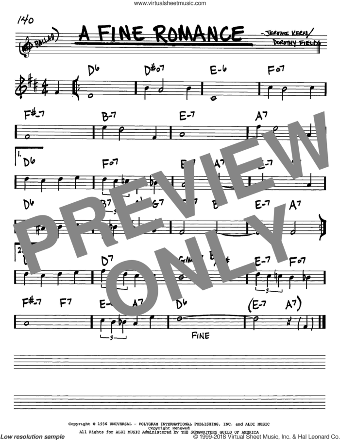 A Fine Romance sheet music for voice and other instruments (in Bb) by Jerome Kern and Dorothy Fields, intermediate skill level