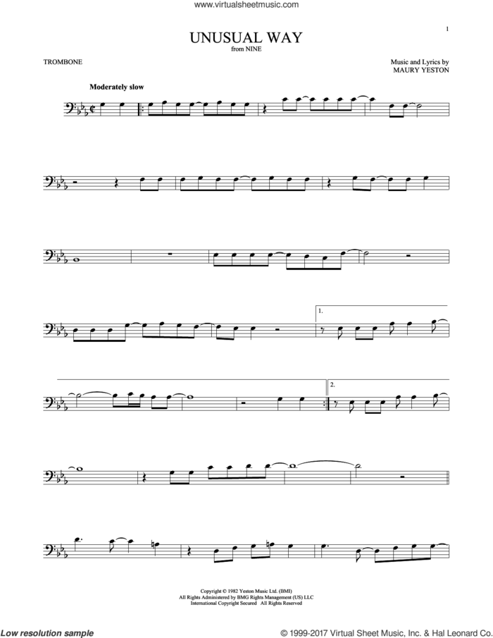 Unusual Way sheet music for trombone solo by Maury Yeston and Linda Eder, intermediate skill level
