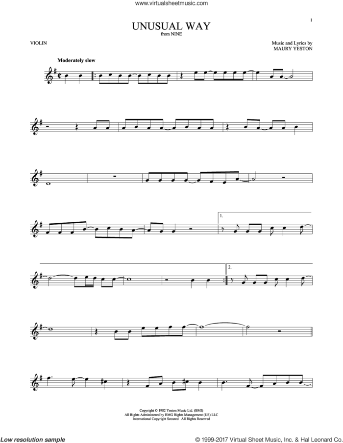 Unusual Way sheet music for violin solo by Maury Yeston and Linda Eder, intermediate skill level