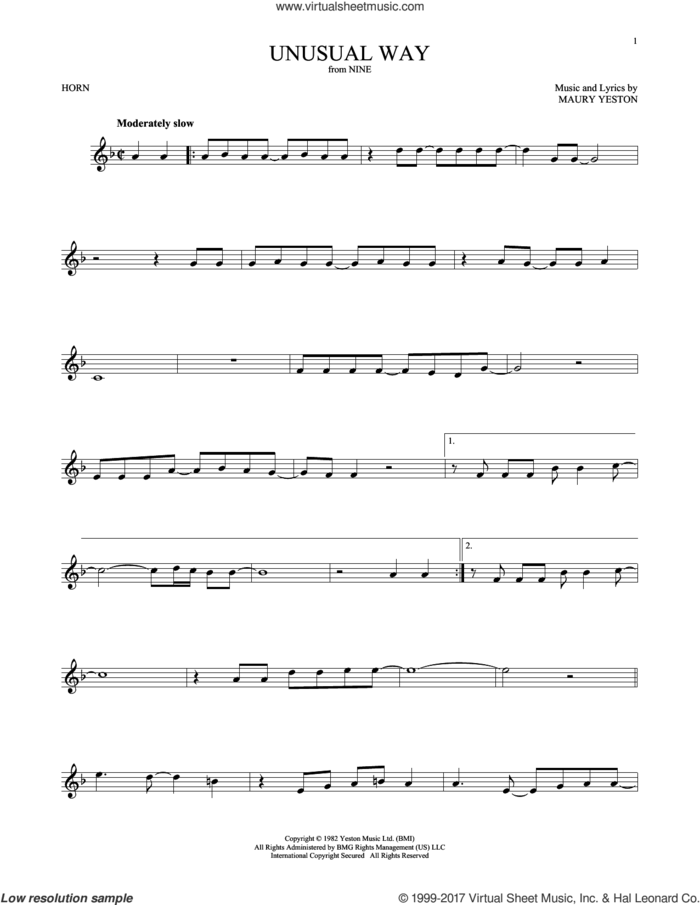 Unusual Way sheet music for horn solo by Maury Yeston and Linda Eder, intermediate skill level