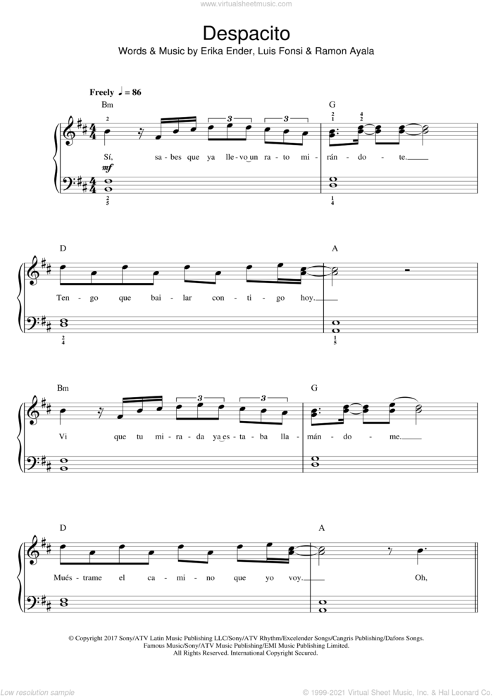 Despacito sheet music for piano solo (beginners) by Luis Fonsi, Daddy Yankee, Luis Fonsi & Daddy Yankee feat. Justin Bieber, Erika Ender and Ramon Ayala, beginner piano (beginners)