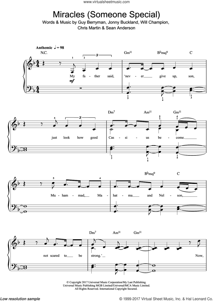 Miracles (Someone Special) (featuring Big Sean) sheet music for piano solo (beginners) by Coldplay, Big Sean, Chris Martin, Guy Berryman, Jonny Buckland, Sean Anderson and Will Champion, beginner piano (beginners)