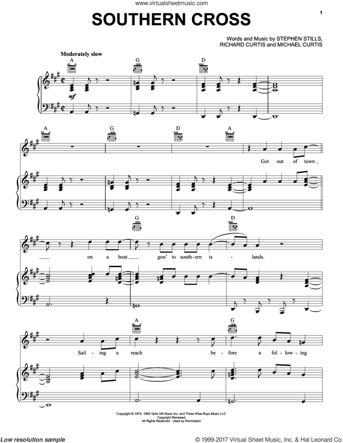 Southern Cross sheet music for voice, piano or guitar by Crosby, Stills & Nash, Michael Curtis, Richard Curtis and Stephen Stills, intermediate skill level
