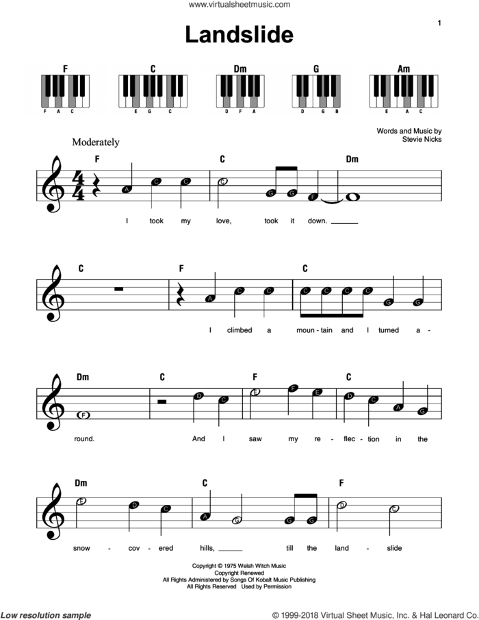 Landslide, (beginner) sheet music for piano solo by Fleetwood Mac, Dixie Chicks, The Chicks and Stevie Nicks, beginner skill level