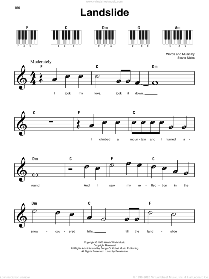 Landslide, (beginner) sheet music for piano solo by Fleetwood Mac, Dixie Chicks, The Chicks and Stevie Nicks, beginner skill level