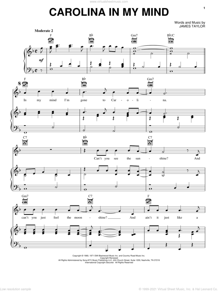 Carolina In My Mind sheet music for voice, piano or guitar by James Taylor and Crystal Mansion, intermediate skill level