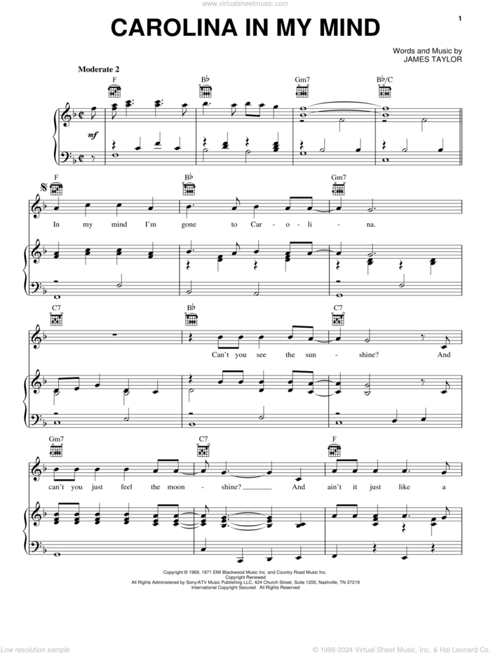 Carolina In My Mind sheet music for voice, piano or guitar by James Taylor and Crystal Mansion, intermediate skill level