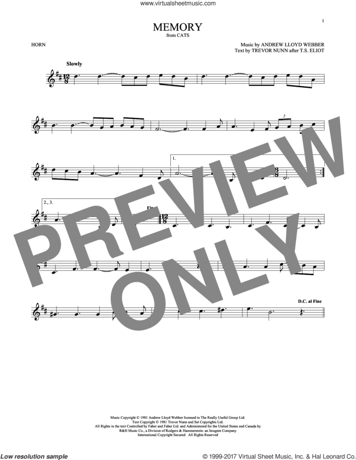 Memory (from Cats) sheet music for horn solo by Andrew Lloyd Webber, Barbra Streisand and Trevor Nunn, intermediate skill level