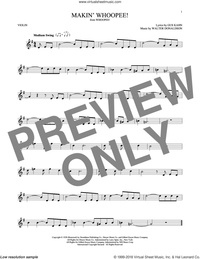 Makin' Whoopee! sheet music for violin solo by Gus Kahn, John Hicks and Walter Donaldson, intermediate skill level