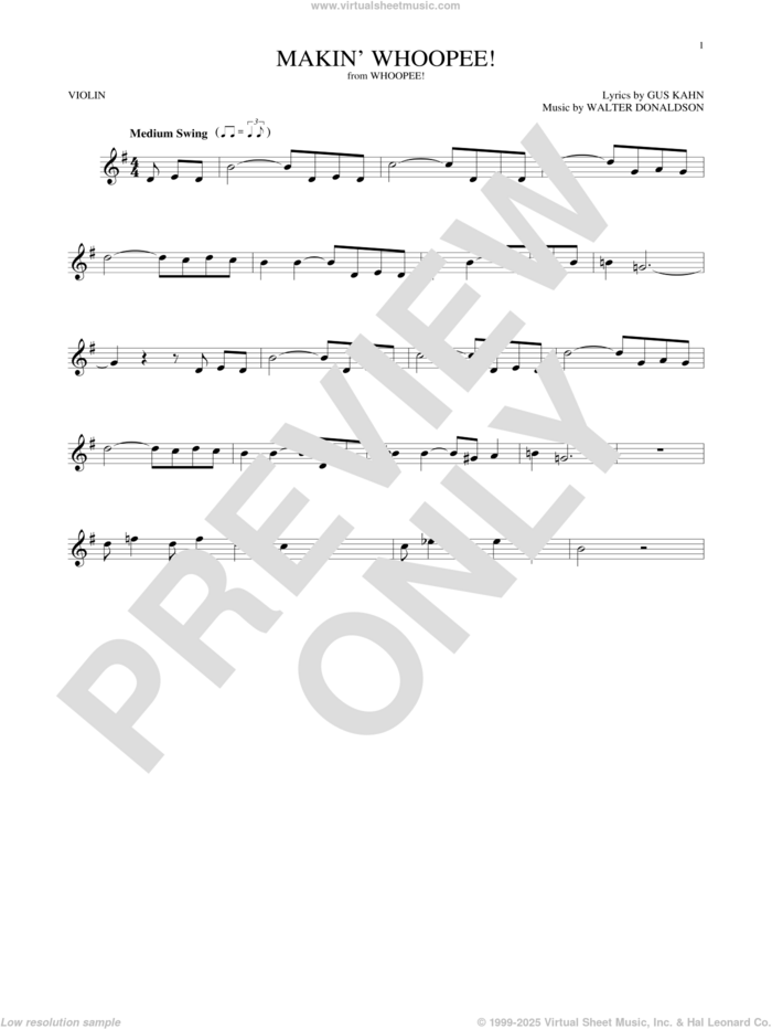 Makin' Whoopee! sheet music for violin solo by Gus Kahn, John Hicks and Walter Donaldson, intermediate skill level