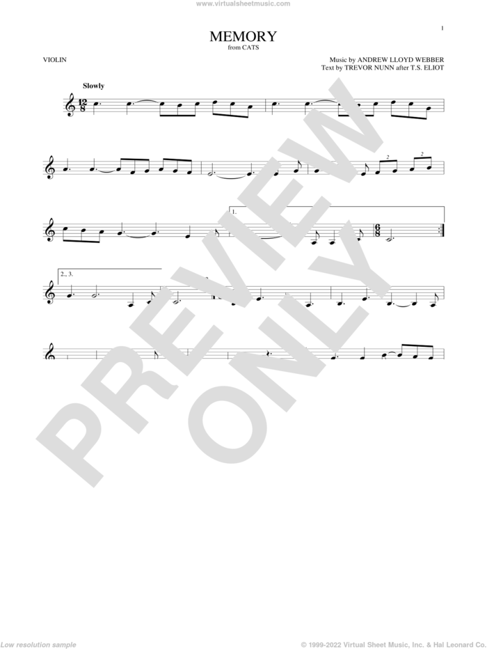 Memory (from Cats) sheet music for violin solo by Andrew Lloyd Webber, Barbra Streisand and Trevor Nunn, intermediate skill level