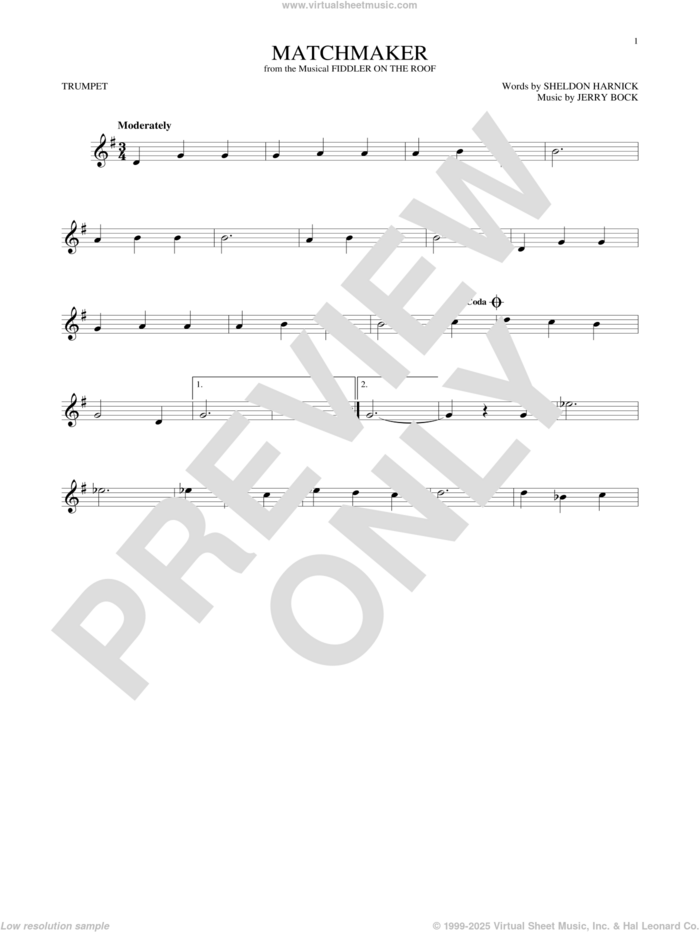 Matchmaker (from Fiddler On The Roof) sheet music for trumpet solo by Bock & Harnick, Jerry Bock and Sheldon Harnick, intermediate skill level