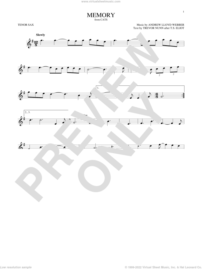 Memory (from Cats) sheet music for tenor saxophone solo by Andrew Lloyd Webber, Barbra Streisand and Trevor Nunn, intermediate skill level