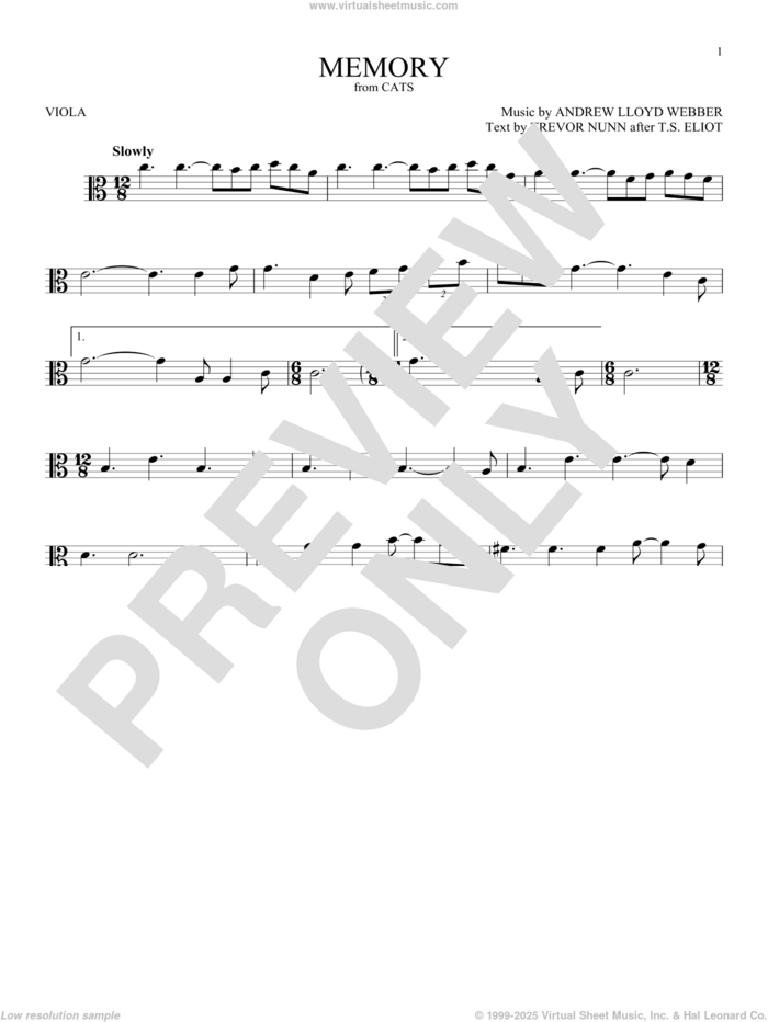Memory (from Cats) sheet music for viola solo by Andrew Lloyd Webber, Barbra Streisand and Trevor Nunn, intermediate skill level