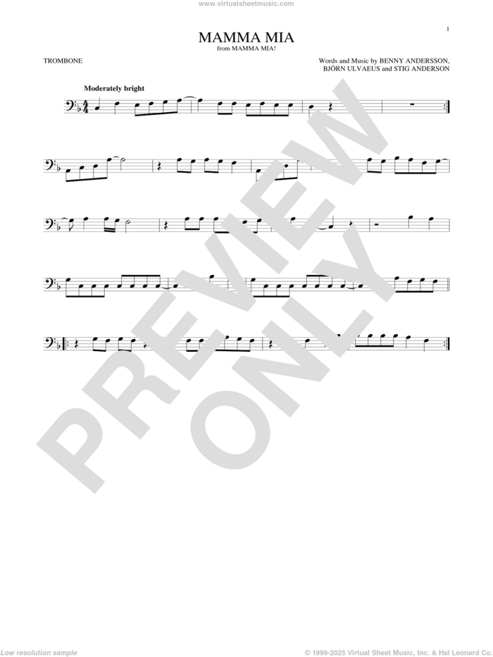 Mamma Mia sheet music for trombone solo by ABBA, Meryl Streep, Benny Andersson, Bjorn Ulvaeus and Stig Anderson, intermediate skill level