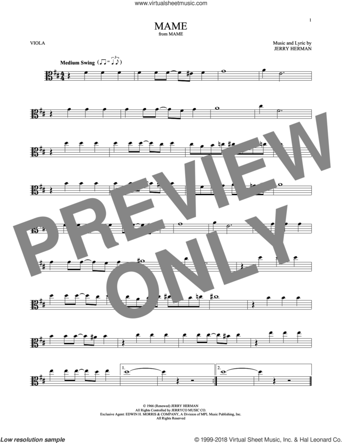 Mame sheet music for viola solo by Jerry Herman, intermediate skill level