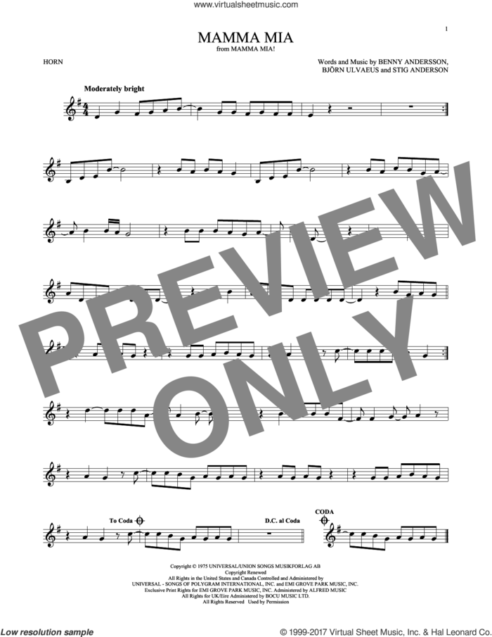Mamma Mia sheet music for horn solo by ABBA, Meryl Streep, Benny Andersson, Bjorn Ulvaeus and Stig Anderson, intermediate skill level
