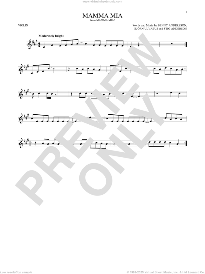 Mamma Mia sheet music for violin solo by ABBA, Meryl Streep, Benny Andersson, Bjorn Ulvaeus and Stig Anderson, intermediate skill level