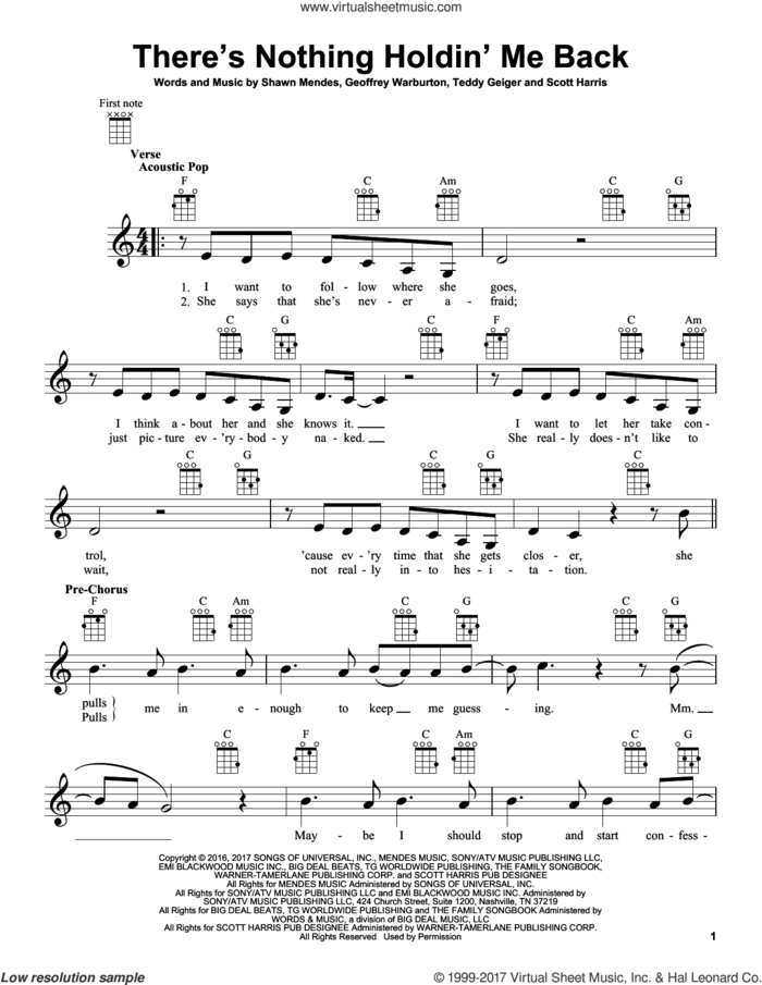 There's Nothing Holdin' Me Back sheet music for ukulele by Shawn Mendes, Geoffrey Warburton, Scott Harris and Teddy Geiger, intermediate skill level