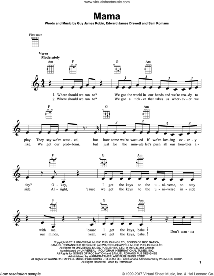 Mama sheet music for ukulele by Jonas Blue (feat William Singe), Edward James Drewett, Guy James Robin and Sam Romans, intermediate skill level