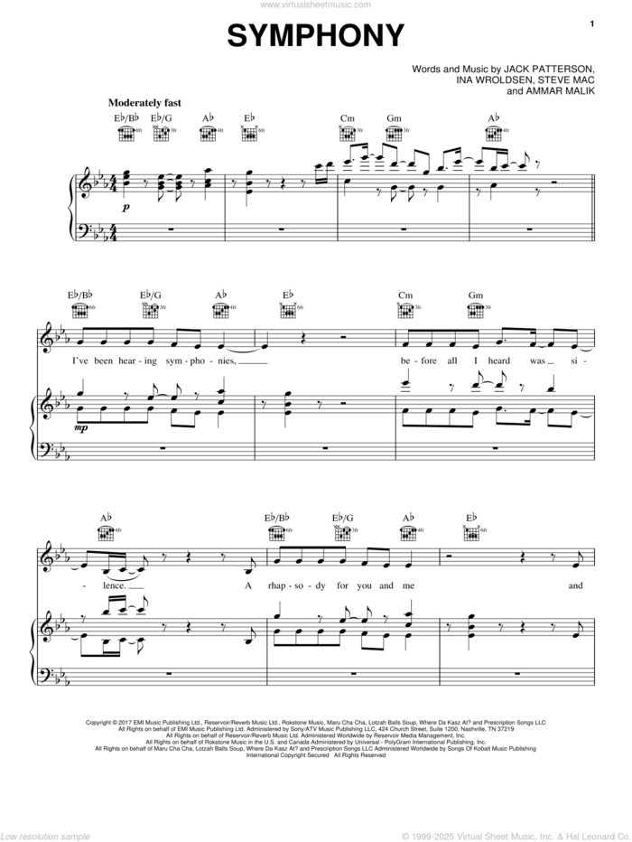 Symphony sheet music for voice, piano or guitar by Clean Bandit feat. Zara Larsson, Ammar Malik, Ina Wroldsen, Jack Patterson and Steve Mac, intermediate skill level