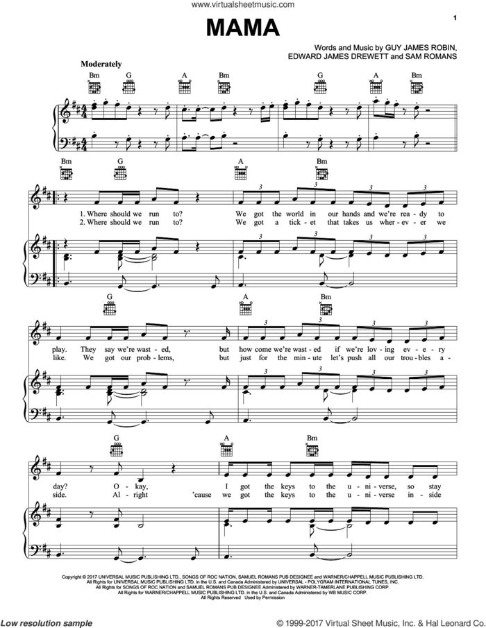 Mama sheet music for voice, piano or guitar by Jonas Blue (feat William Singe), Edward James Drewett, Guy James Robin and Sam Romans, intermediate skill level