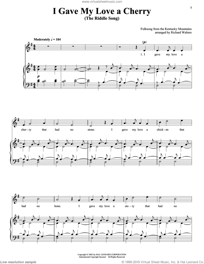 I Gave My Love A Cherry (The Riddle Song) sheet music for voice, piano or guitar, intermediate skill level