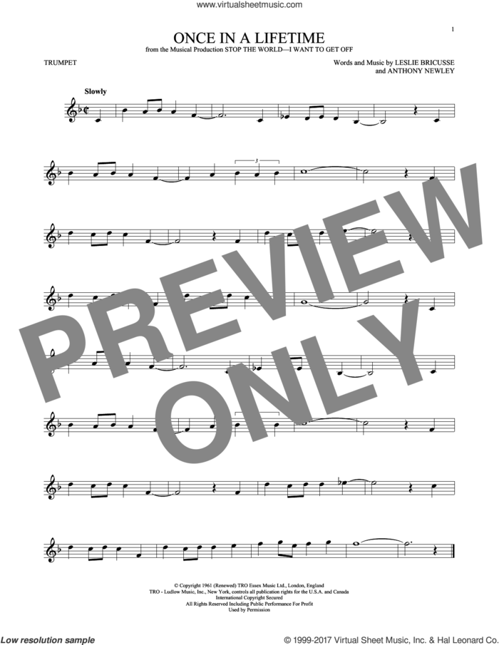Once In A Lifetime sheet music for trumpet solo by Leslie Bricusse and Anthony Newley, intermediate skill level