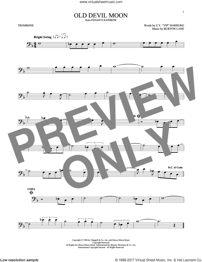 Old Devil Moon sheet music for trombone solo by E.Y. Harburg and Burton Lane, intermediate skill level