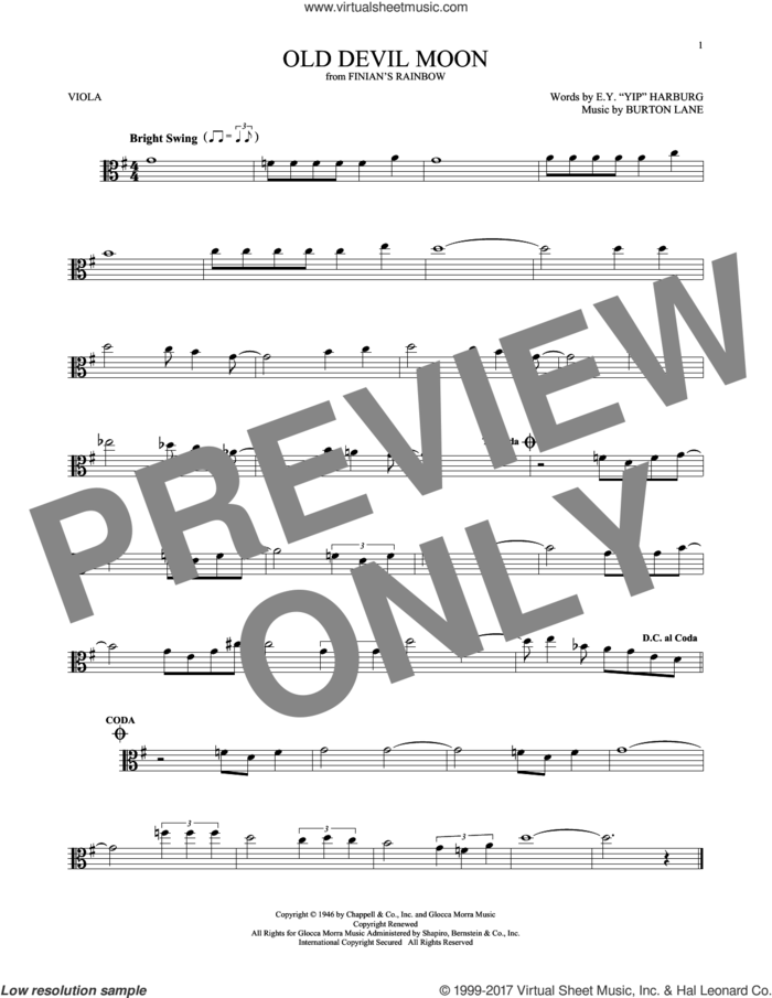 Old Devil Moon sheet music for viola solo by E.Y. Harburg and Burton Lane, intermediate skill level