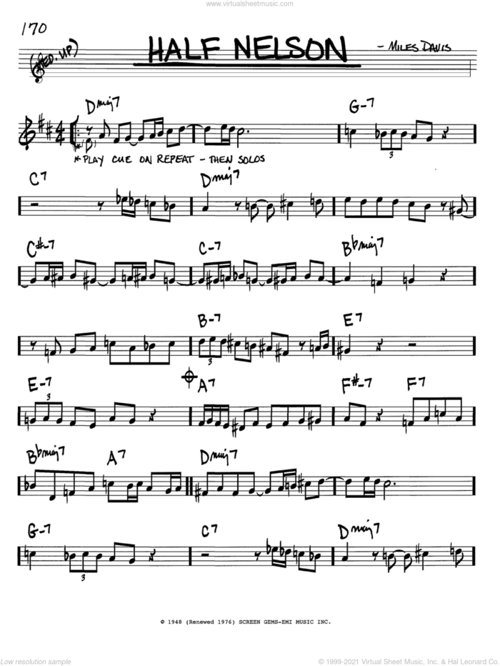 Half Nelson sheet music for voice and other instruments (in Bb) by Miles Davis, intermediate skill level