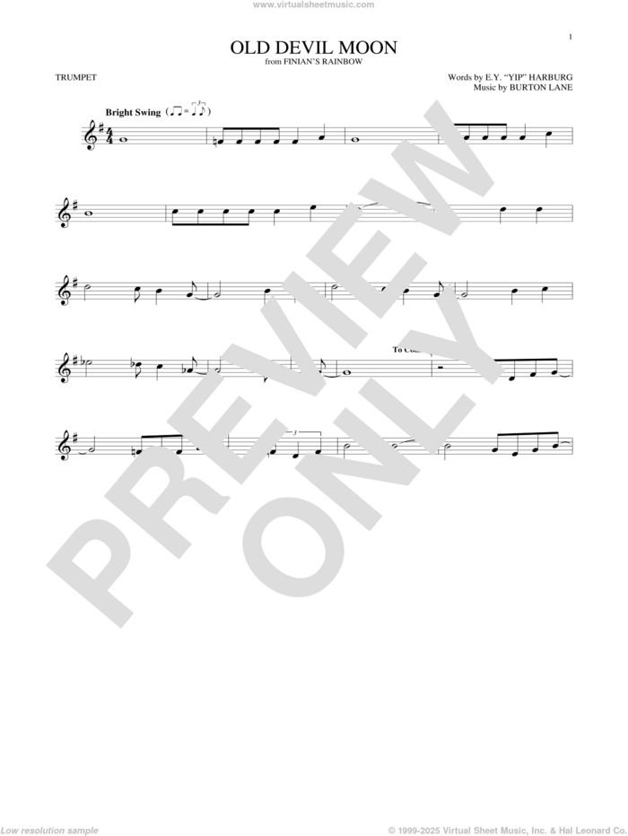 Old Devil Moon sheet music for trumpet solo by E.Y. Harburg and Burton Lane, intermediate skill level