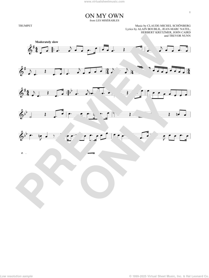 On My Own sheet music for trumpet solo by Alain Boublil, Claude-Michel Schonberg, Claude-Michel Schonberg, Herbert Kretzmer, Jean-Marc Natel, John Caird and Trevor Nunn, intermediate skill level