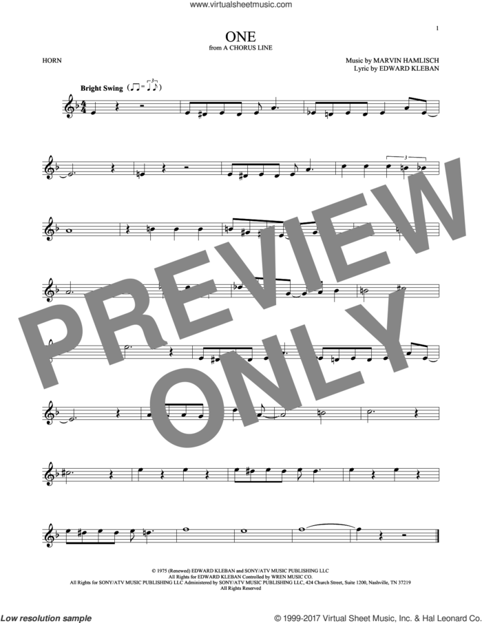 One sheet music for horn solo by Marvin Hamlisch and Edward Kleban, intermediate skill level