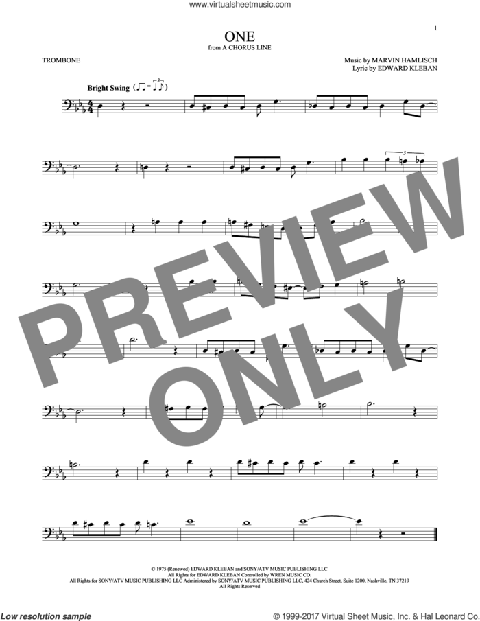 One sheet music for trombone solo by Marvin Hamlisch and Edward Kleban, intermediate skill level