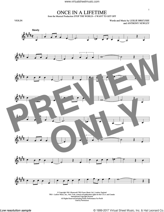 Once In A Lifetime sheet music for violin solo by Leslie Bricusse and Anthony Newley, intermediate skill level