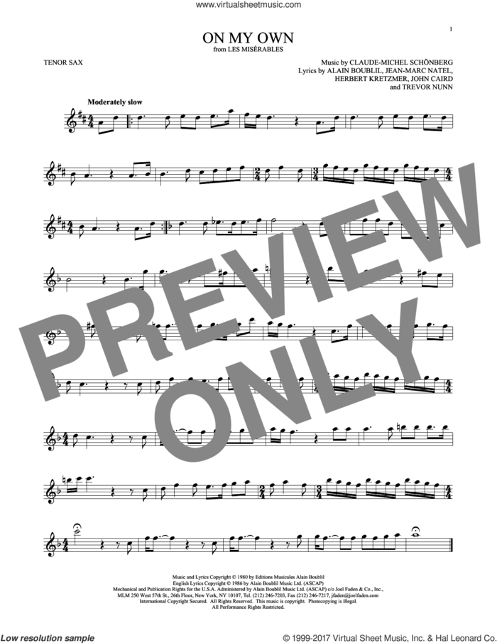 On My Own (from Les Miserables) sheet music for tenor saxophone solo by Alain Boublil, Claude-Michel Schonberg, Claude-Michel Schonberg, Herbert Kretzmer, Jean-Marc Natel, John Caird and Trevor Nunn, intermediate skill level